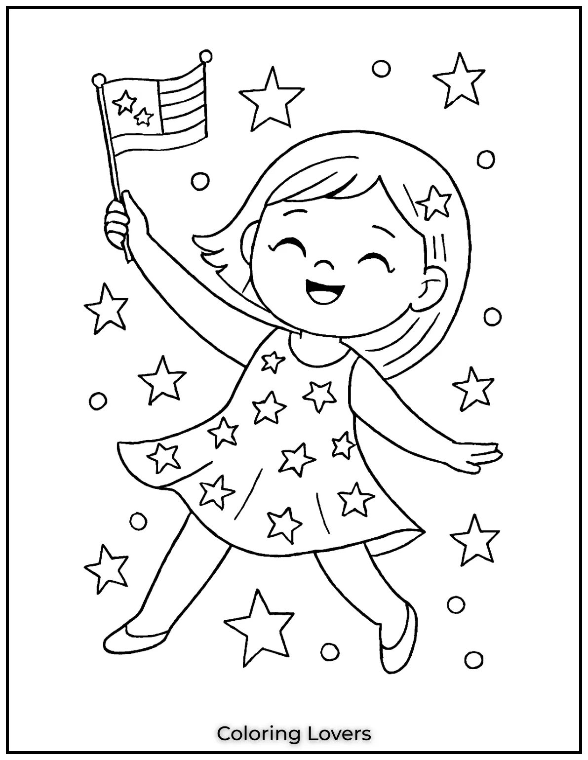 This little girl twirls with a flag her dress covered in stars like a firework show. A sweet and simple July scene