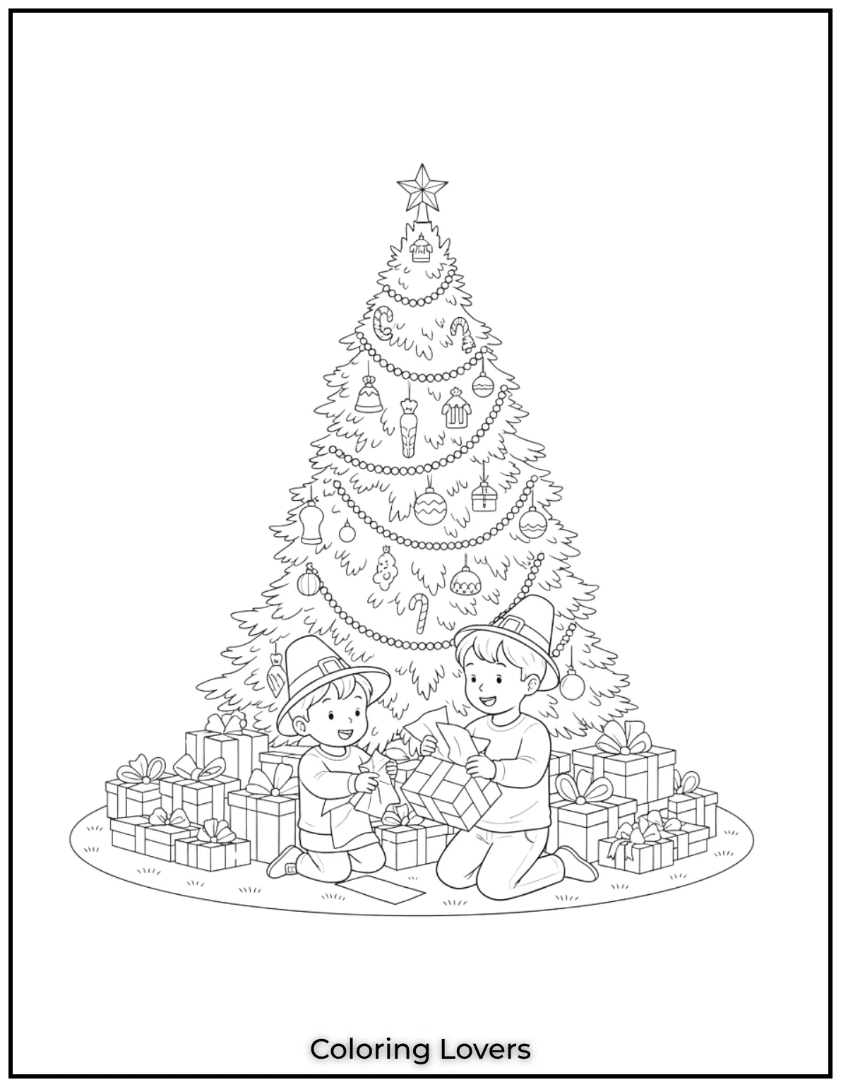 Free Printable Christmas Tree Coloring Pages 27 This little one looks so excited opening gifts under the tree Its such a heartwarming Christmas moment to color