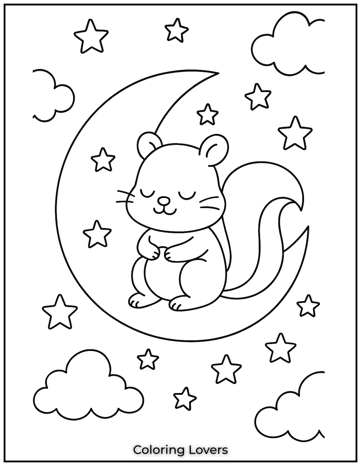 This little squirrel looks so peaceful sitting on the moon under the stars. A dreamy night scene just waiting for your colors to shine through