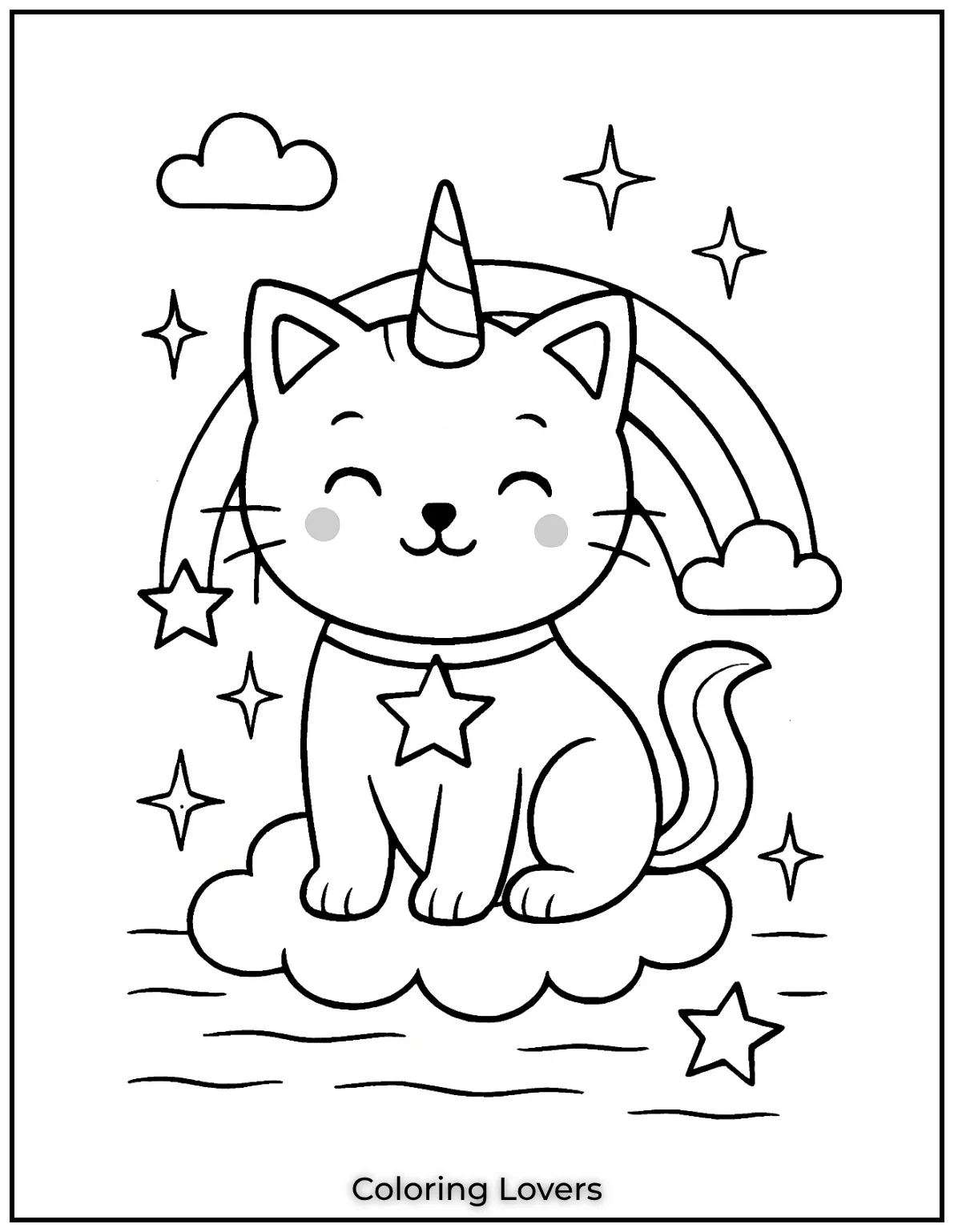 Fun and Free Cat Coloring Pages for Kids and Adults 23 This magical cat on a cloud is perfect for printable cat coloring pages. A rainbow of creativity awaits