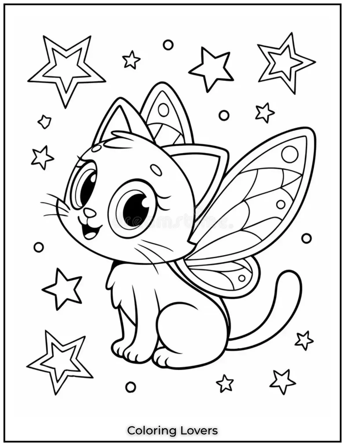Fun and Free Cat Coloring Pages for Kids and Adults 18 This magical cat with wings and star patterns is pure fantasy