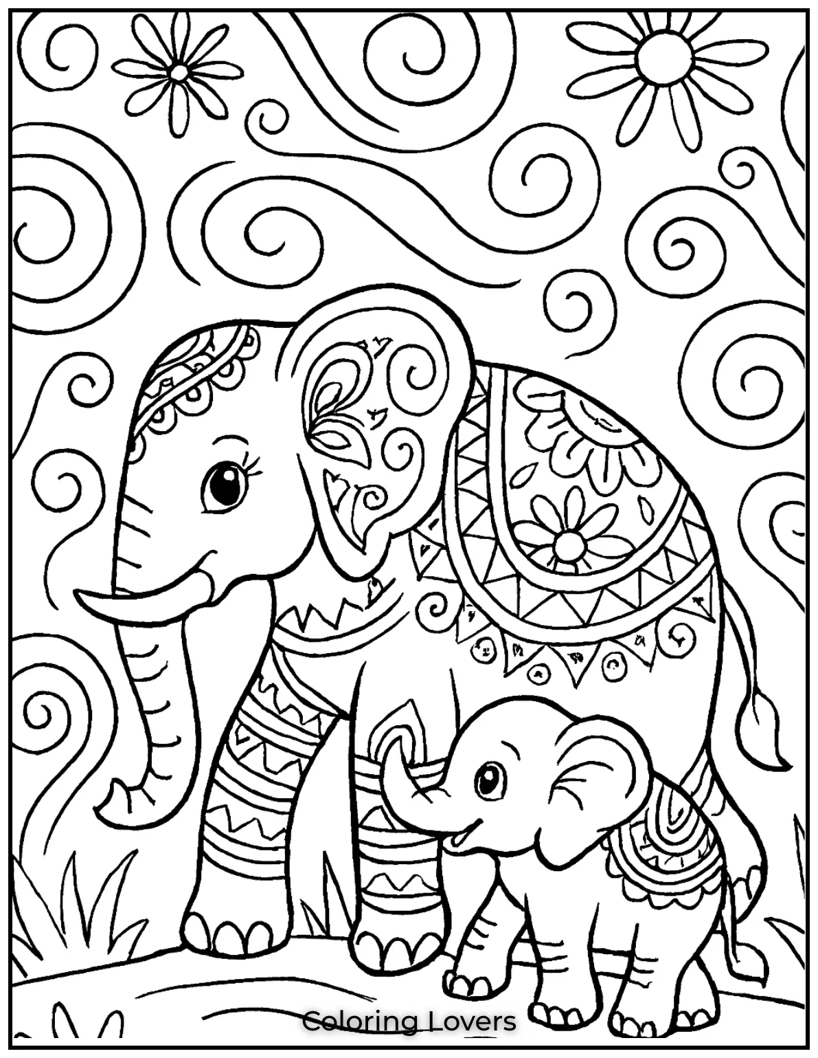 Unique Elephant Coloring Pages for Kids 23 This majestic elephant surrounded by patterns offers a great opportunity to experiment with colors 1