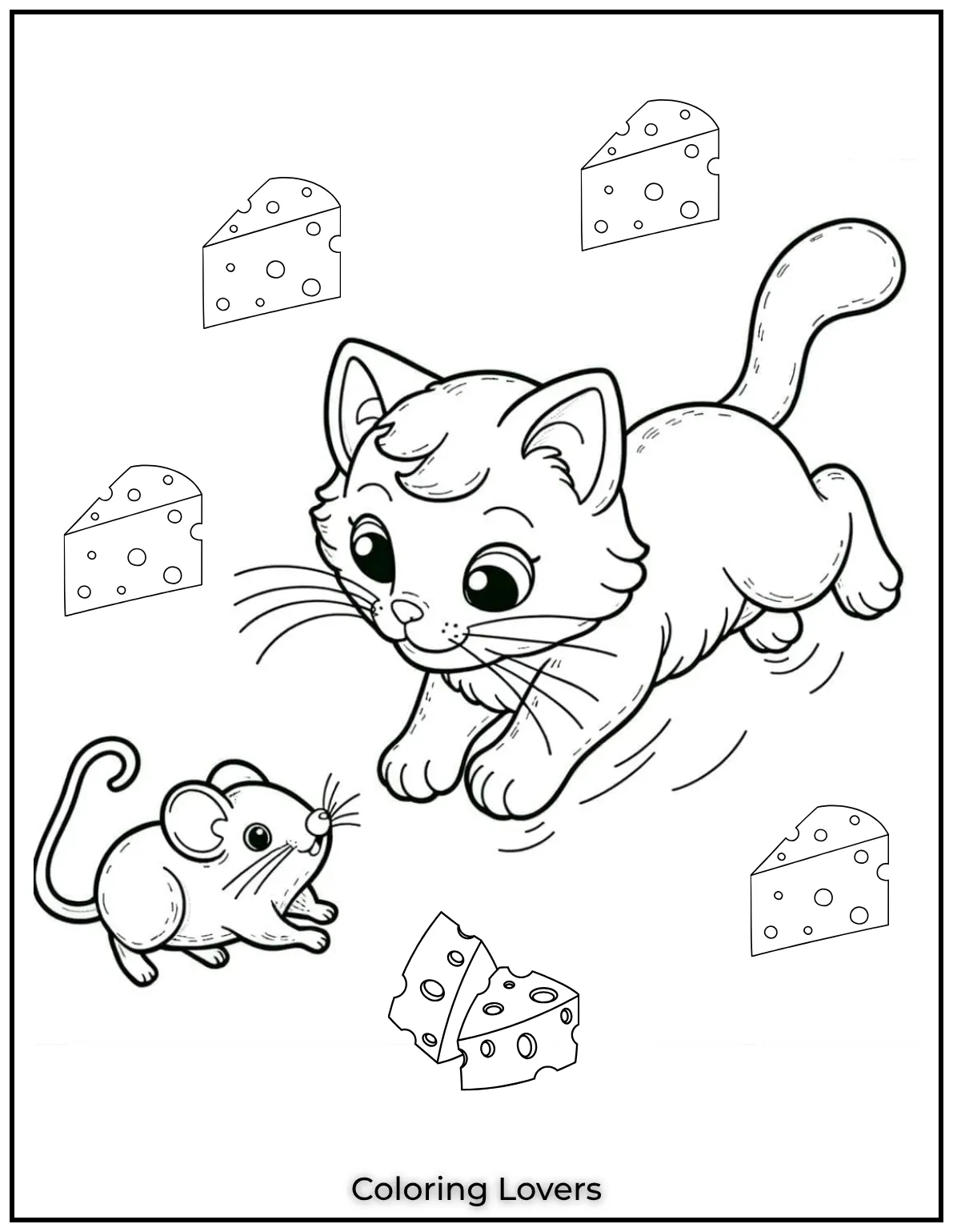 Fun and Free Cat Coloring Pages for Kids and Adults 32 This mischievous mouse and playful cat duo is ready for a fun coloring adventure