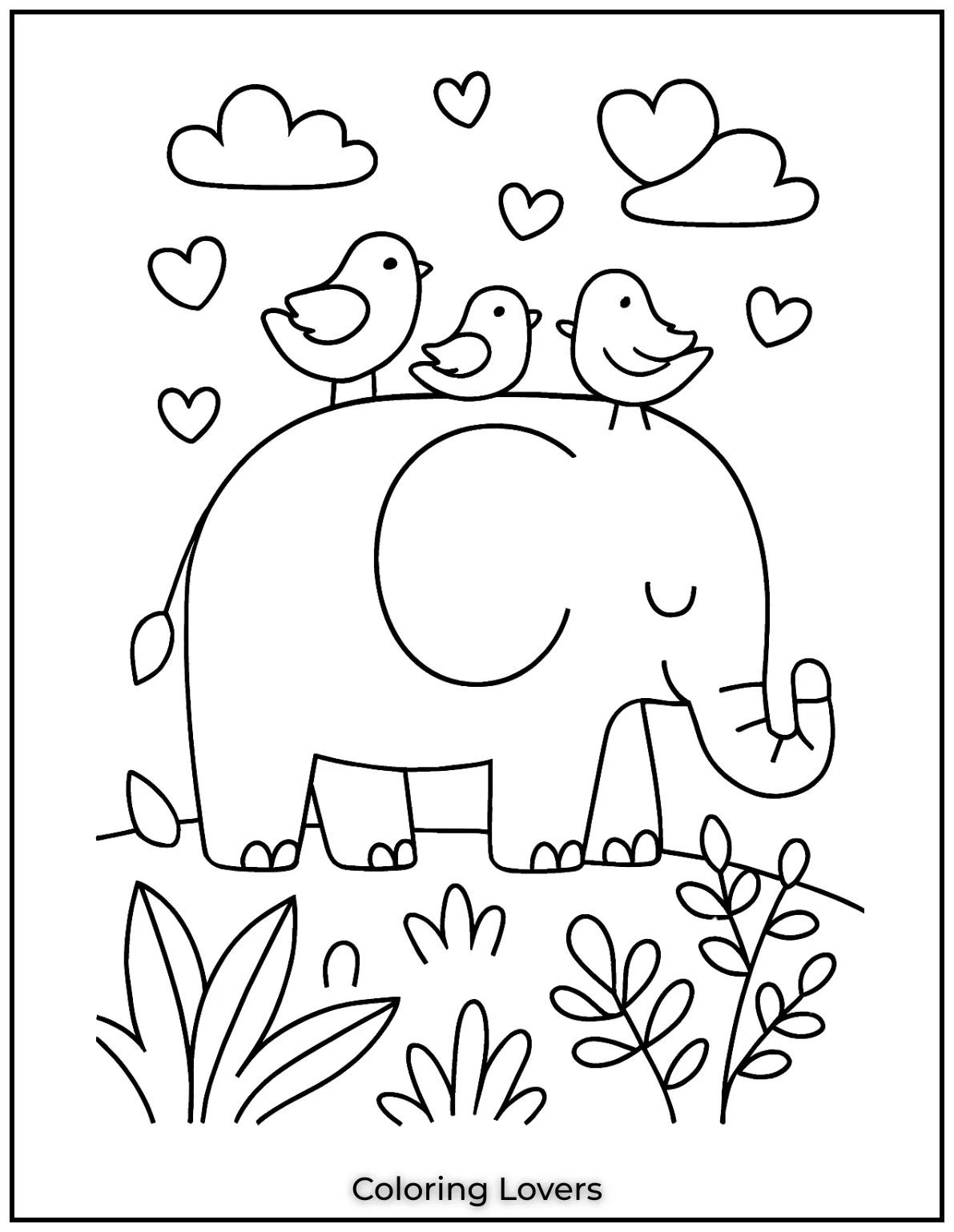Unique Elephant Coloring Pages for Kids 4 This peaceful elephant is carrying birds on its back showing how animals help each other in nature. A relaxing page for young artists 1