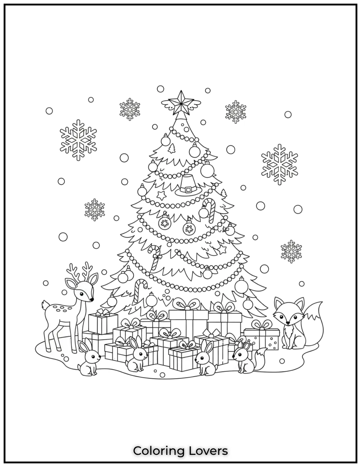 Free Printable Christmas Tree Coloring Pages 8 This peaceful scene with woodland animals admiring the Christmas tree is one of my favorites to create
