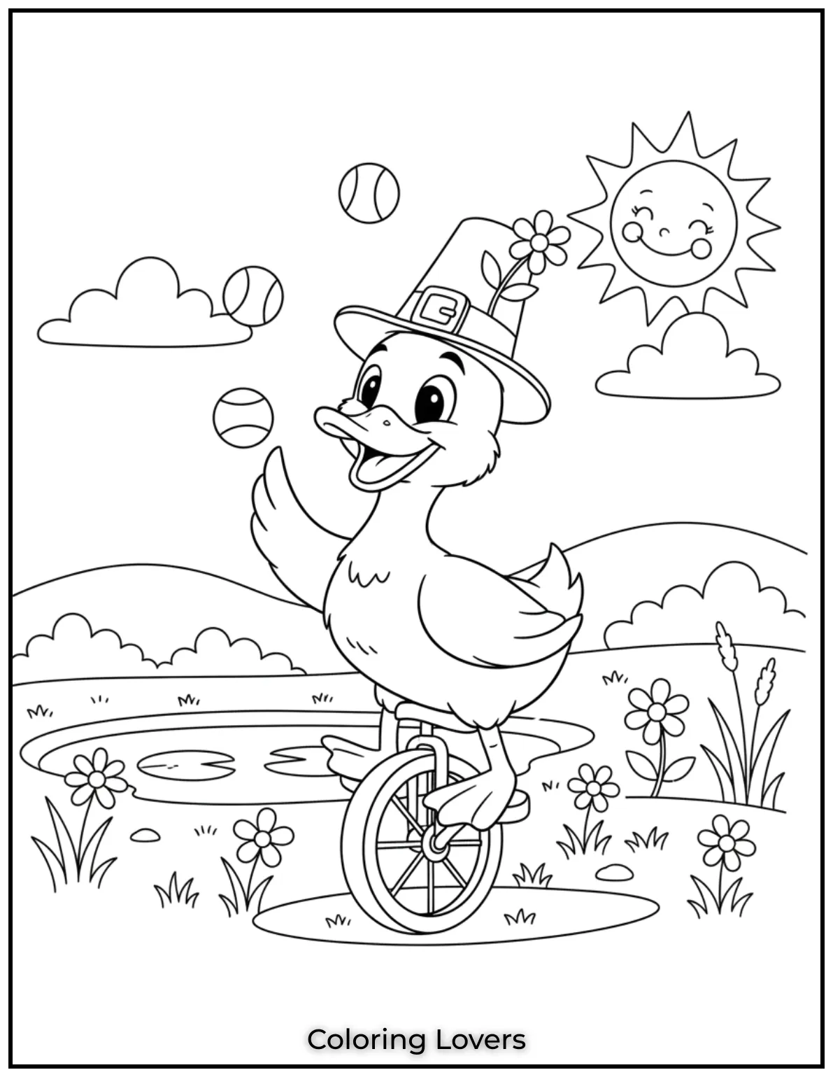 Duck Coloring Pages That Kids Like the Most 22 This playful duck juggles while balancing on a unicycle. A fun challenge for kids to color and enjoy
