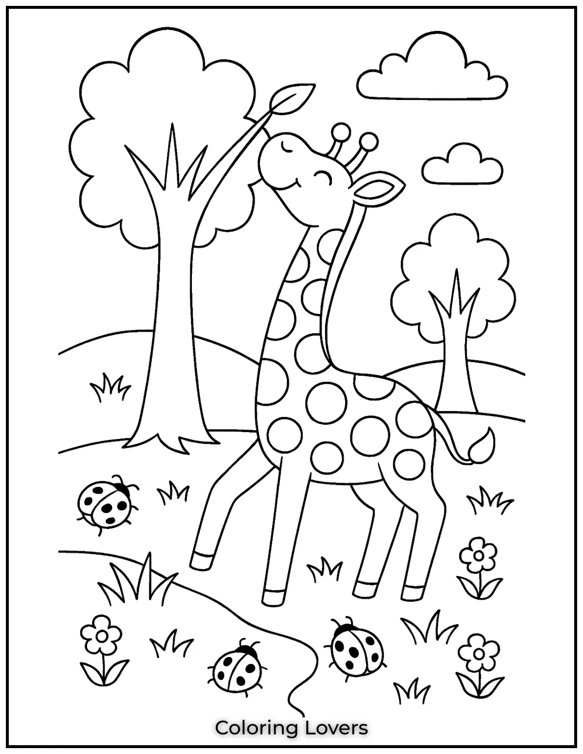Amazing Giraffe Coloring Pages (Free Printables) 23 This playful giraffe is reaching for the tastiest leaves while ladybugs watch nearby. A peaceful scene for kids to color and enjoy