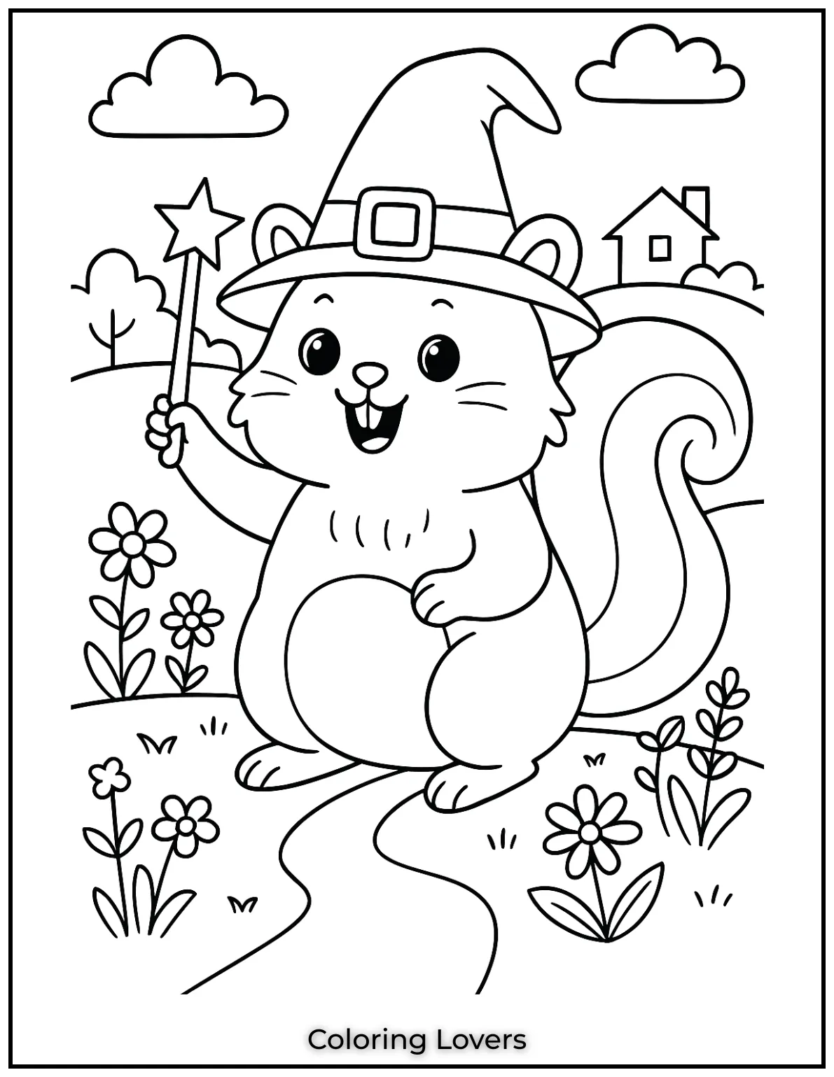 This playful squirrel is ready for Halloween with a witch hat and wand. I had so much fun creating this magical little scene for you to color