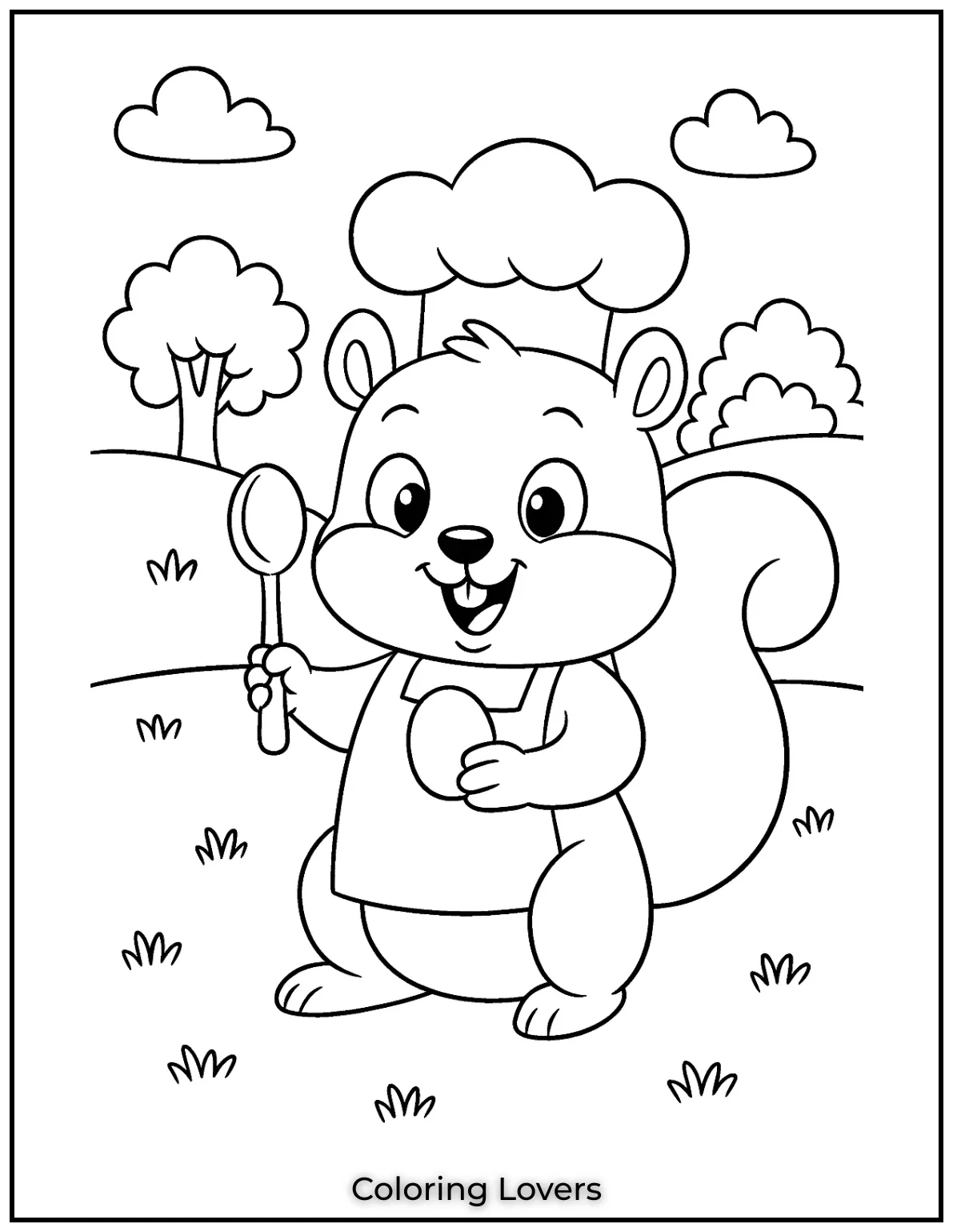 This playful squirrel is ready to cook something special with its chefs hat and spoon
