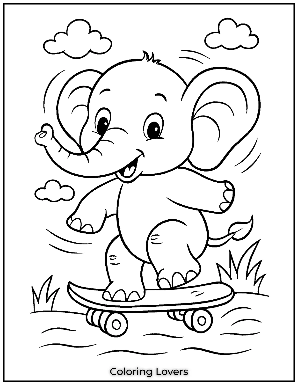 Unique Elephant Coloring Pages for Kids 26 This printable elephant coloring page shows a fun elephant skateboarding. Perfect for kids to enjoy coloring and action 1