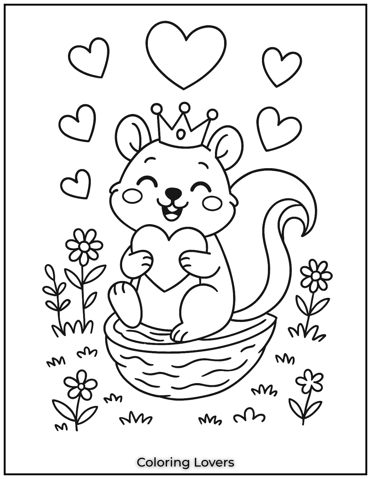 This squirrel is surrounded by hearts ready to spread love. I wanted to capture the joy of a simple loving moment for you to color