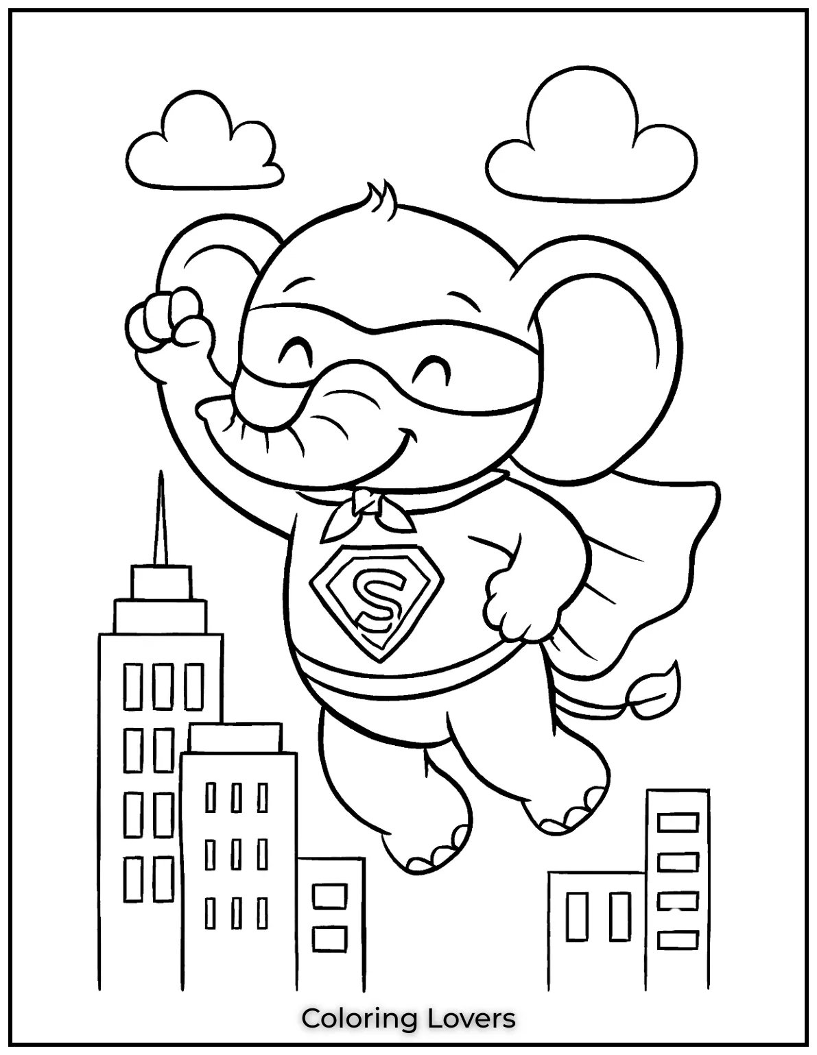 Unique Elephant Coloring Pages for Kids 15 This superhero elephant is flying high over the city. Its a great page for little adventurers to color 1