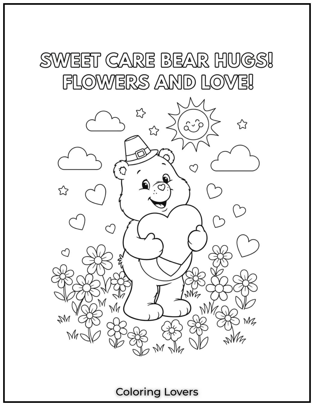 Cute and Classic Pooh Bear Coloring Pages 23 This sweet Care Bear hugs a heart with joy surrounded by flowers and love