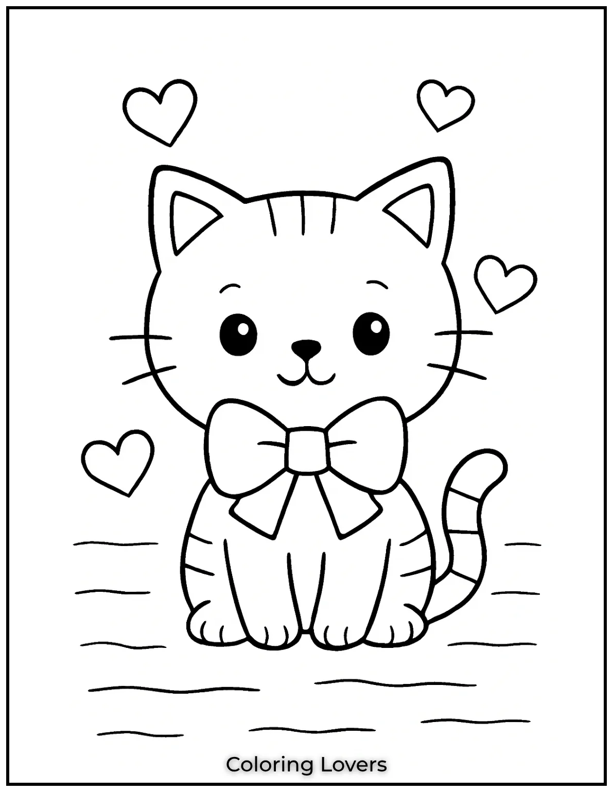 Fun and Free Cat Coloring Pages for Kids and Adults 12 This sweet cat with a big bow and hearts is ready to charm. Perfect for kids who love kawaii designs