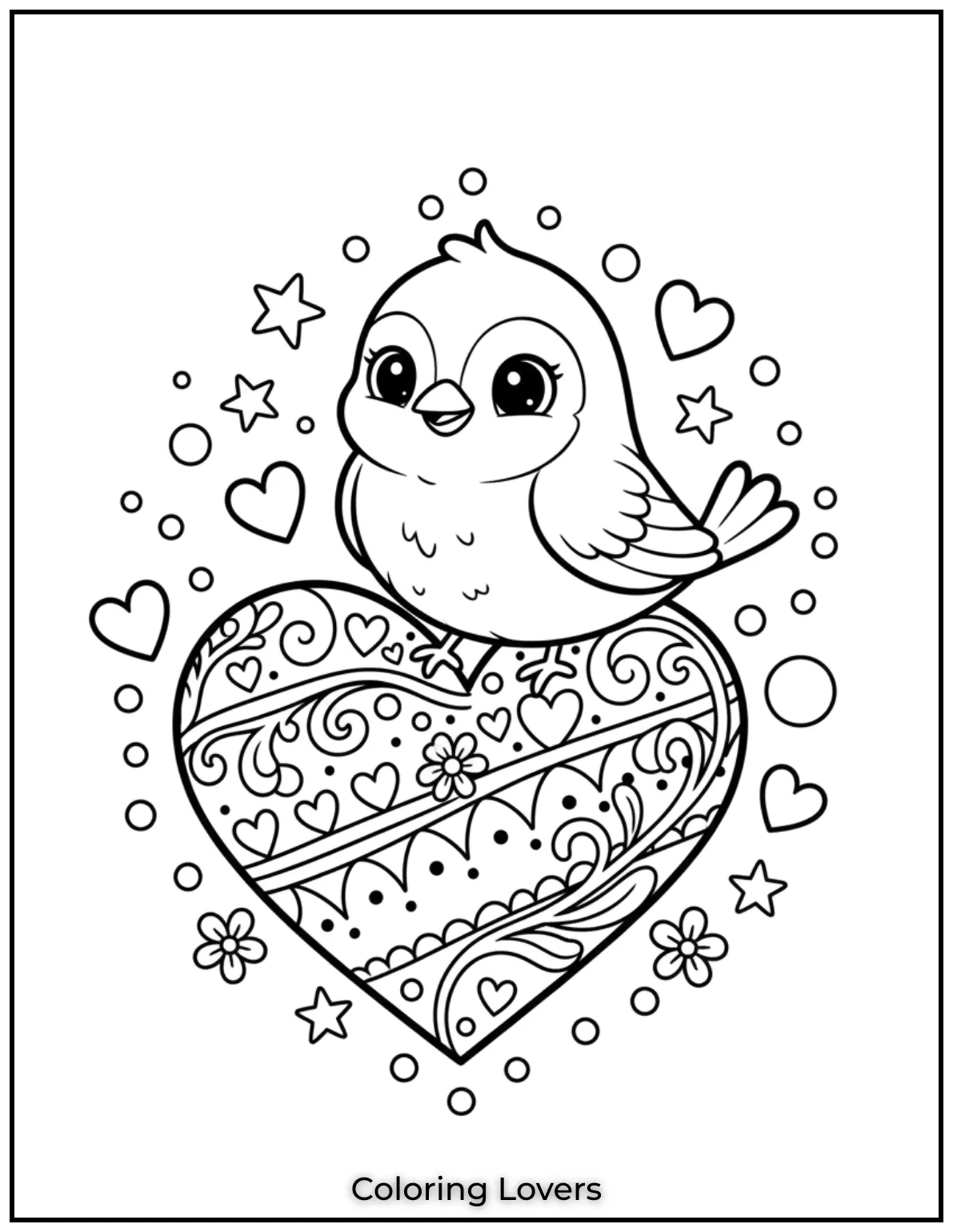 This sweet little bird perched on a heart is just waiting to be colored