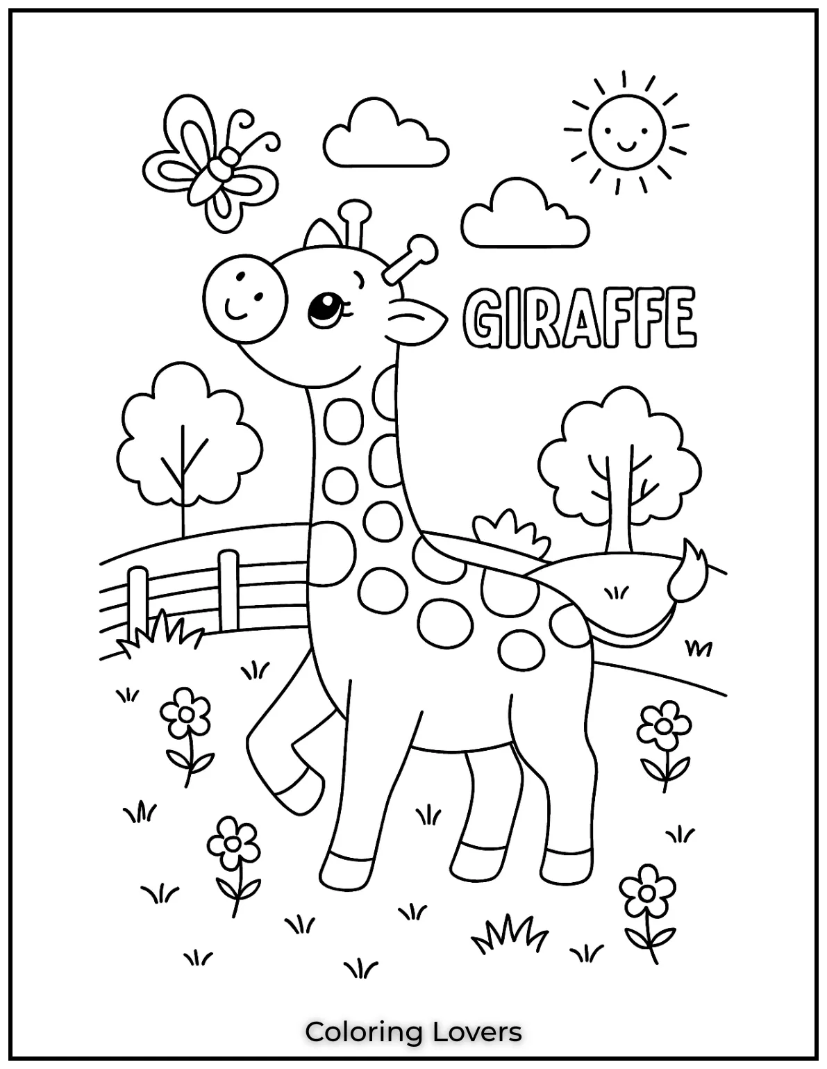 Amazing Giraffe Coloring Pages (Free Printables) 6 This sweet little giraffe is fascinated by a butterfly flying overhead. Its a peaceful scene that kids will love to color