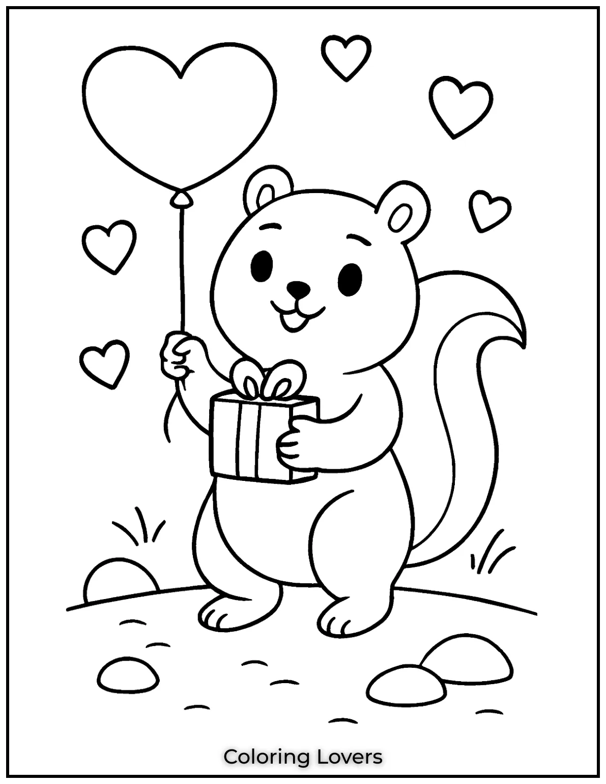 This sweet squirrel holds a heart shaped balloon spreading love. I hope kids enjoy coloring this joyful squirrel coloring page for kids