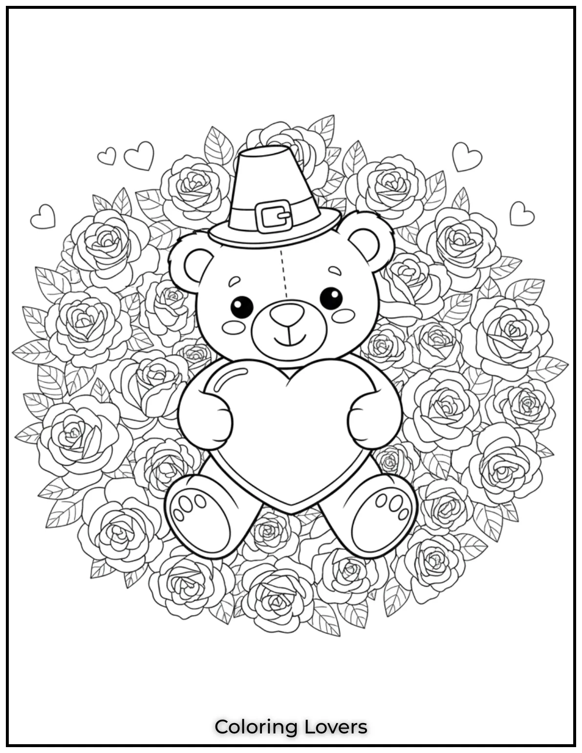 Cute and Classic Pooh Bear Coloring Pages 29 This teddy bear holds a big heart surrounded by roses and love. A sweet Valentines Day coloring page