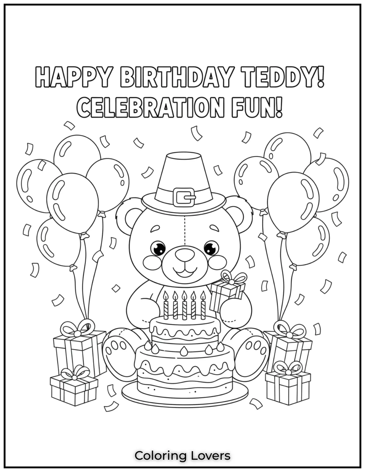 Cute and Classic Pooh Bear Coloring Pages 32 This tedy bear coloring page features a cute teddy celebrating a birthday with balloons cake and lots of confetti