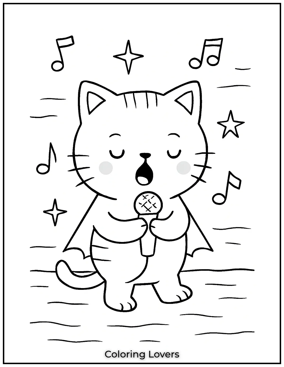 Fun and Free Cat Coloring Pages for Kids and Adults 9 This tiny star is ready to meow the melody. Let your kids bring this singing kitty to life with colors