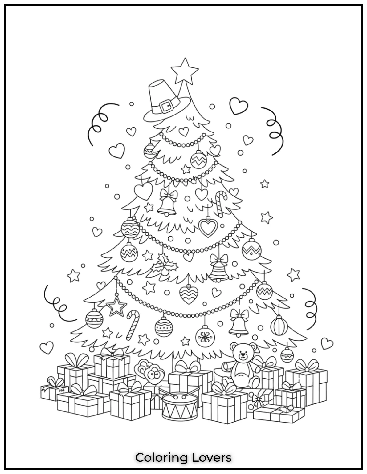 Free Printable Christmas Tree Coloring Pages 12 This tree looks so magical with all the ornaments and gifts beneath it. What colors will you choose for each present