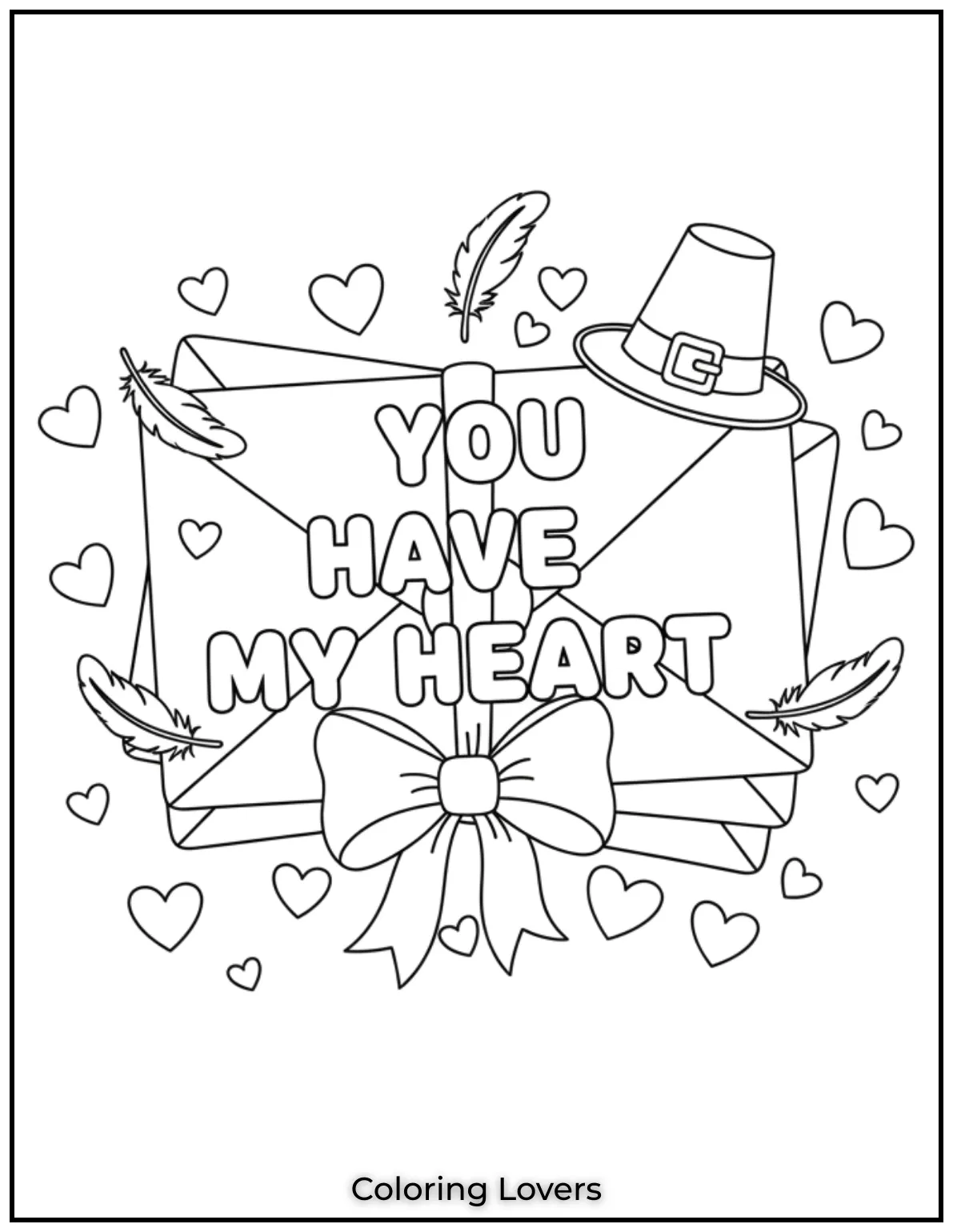 This vibrant coloring page displays a stack of love letters tied with a bow with a message saying You Have My Heart. Feathers and hearts float around to add a whimsical charm