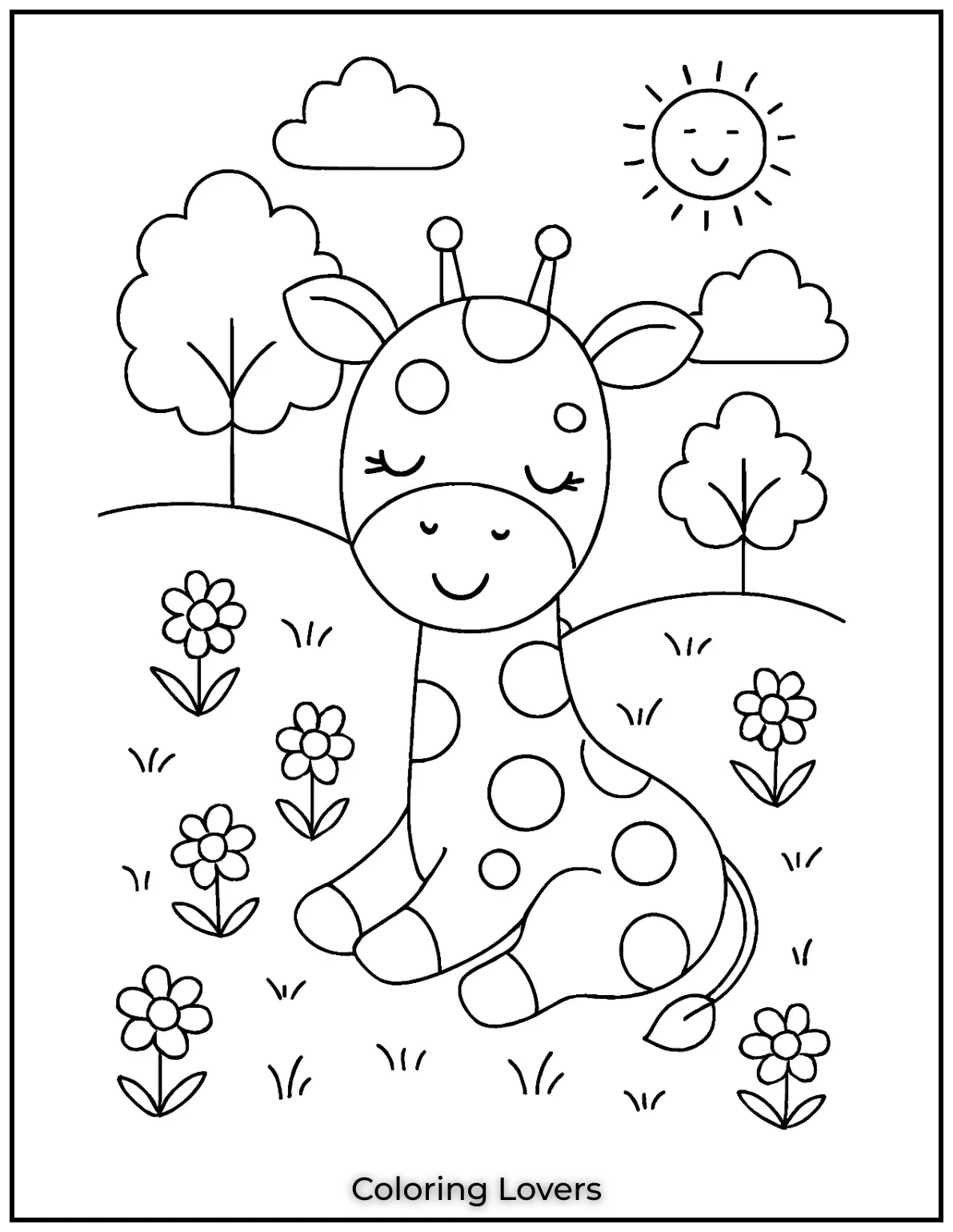 Amazing Giraffe Coloring Pages (Free Printables) 14 This young giraffe looks so peaceful in a field of flowers. Its a lovely nature scene for kids to color and relax with