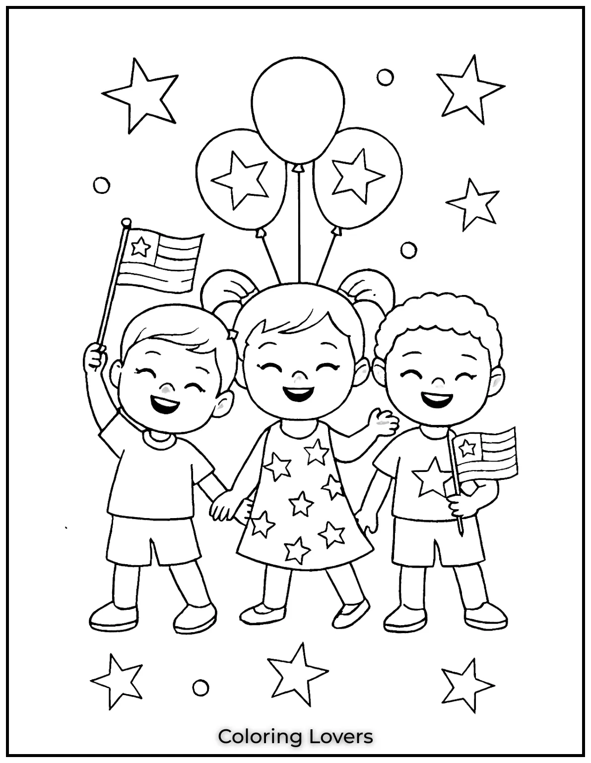 Three cheerful kids wave flags and balloons surrounded by stars. This 4th of July is full of friendship and pride