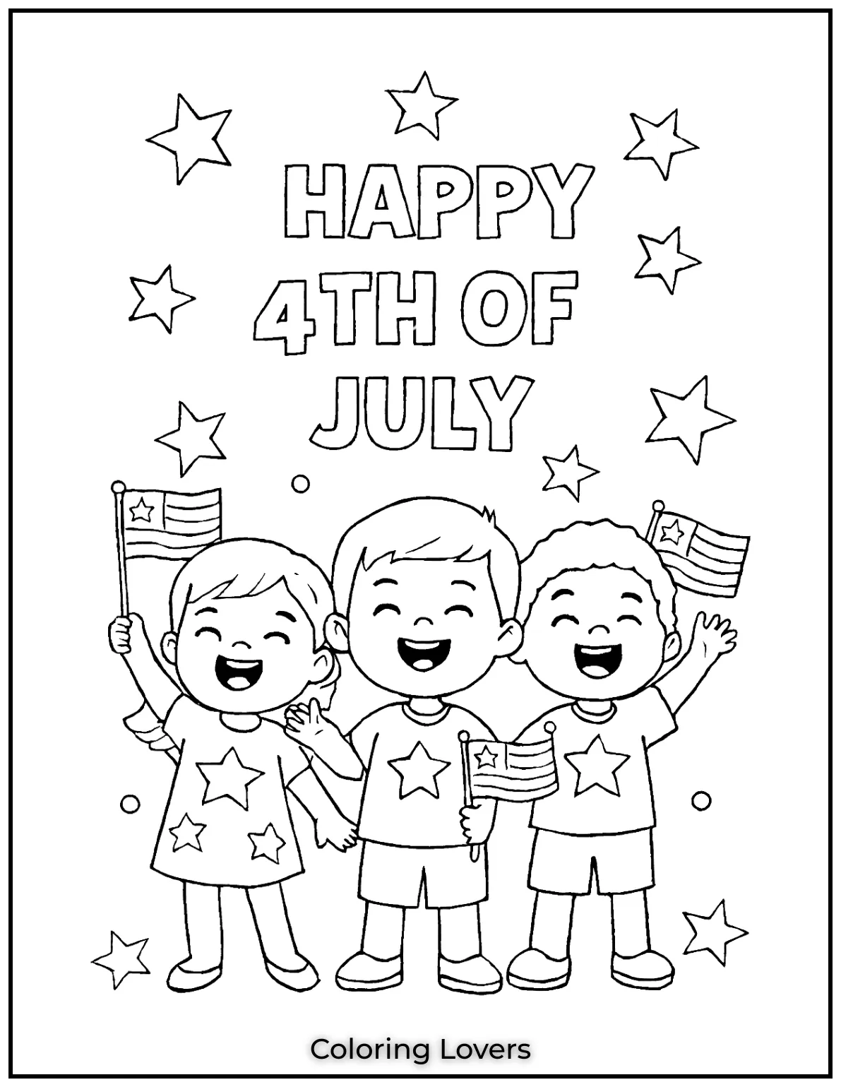 Three kids shout Happy 4th of July with flags in hand and joy on their faces. These free Fourth of July coloring pictures are pure fun