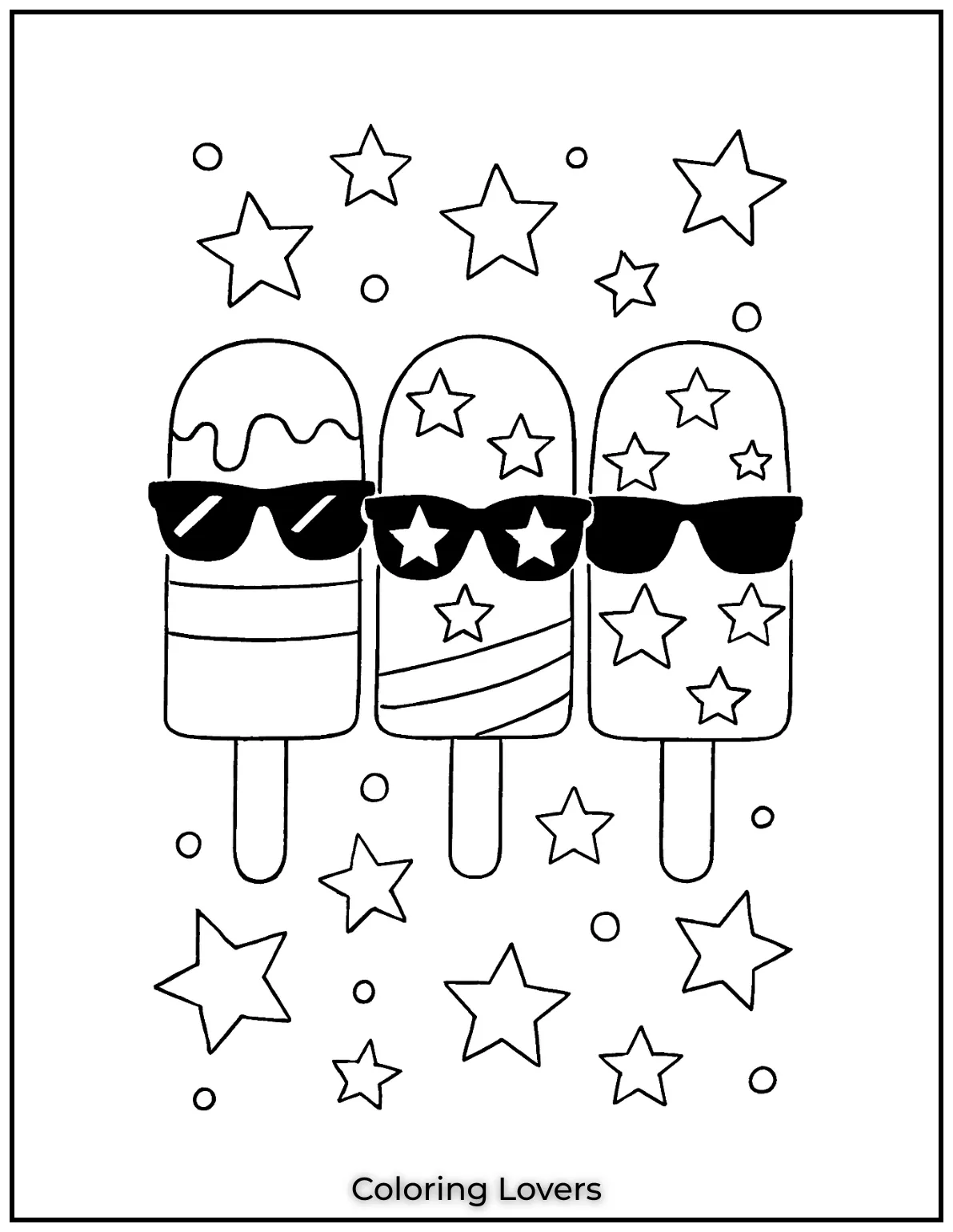Three popsicles in sunglasses bring summer vibes to these fourth of July color sheets. Stay cool while celebrating in style