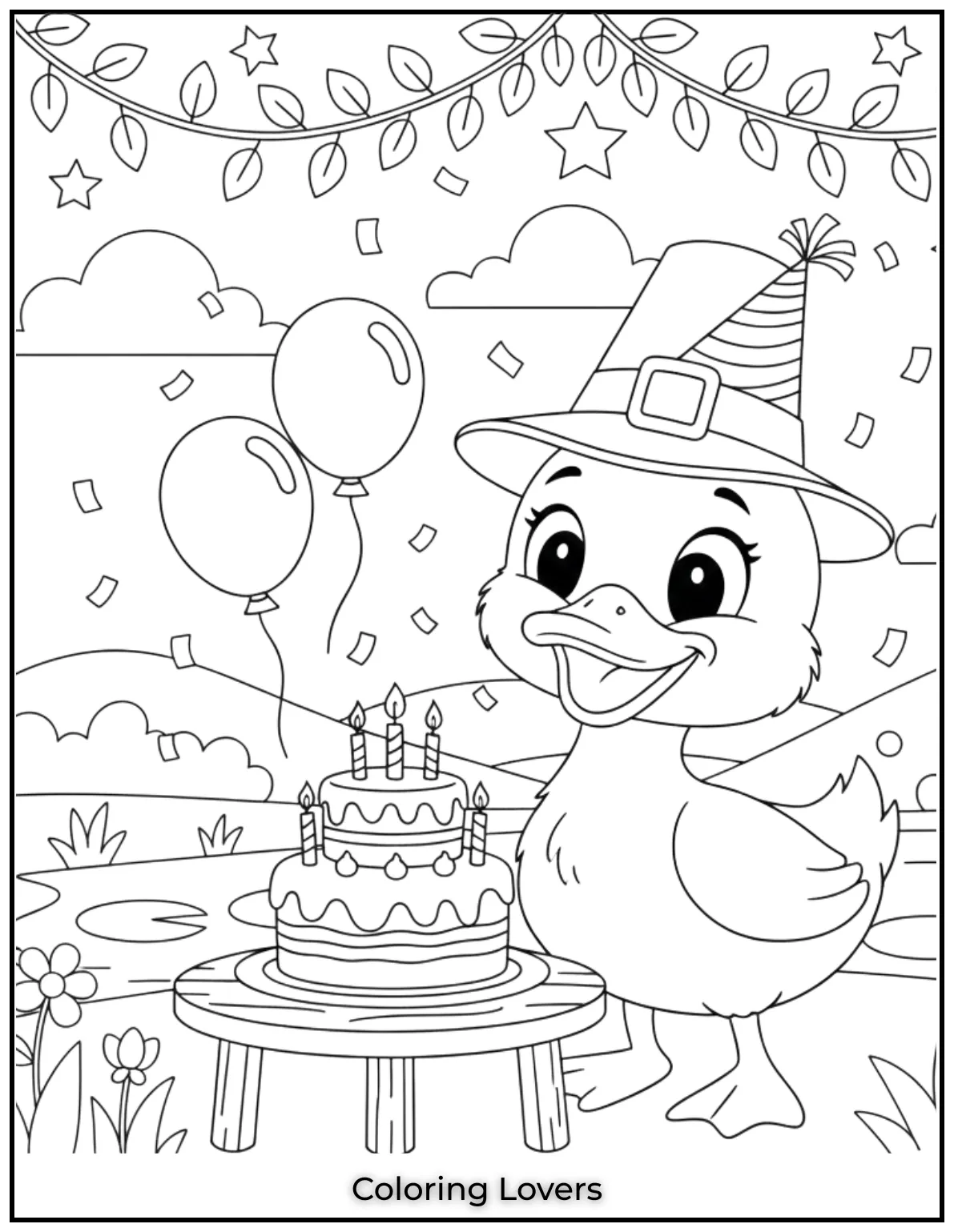 Duck Coloring Pages That Kids Like the Most 19 Time to celebrate This duckling is ready to party with a birthday cake making it a joyful addition to your duck coloring pages