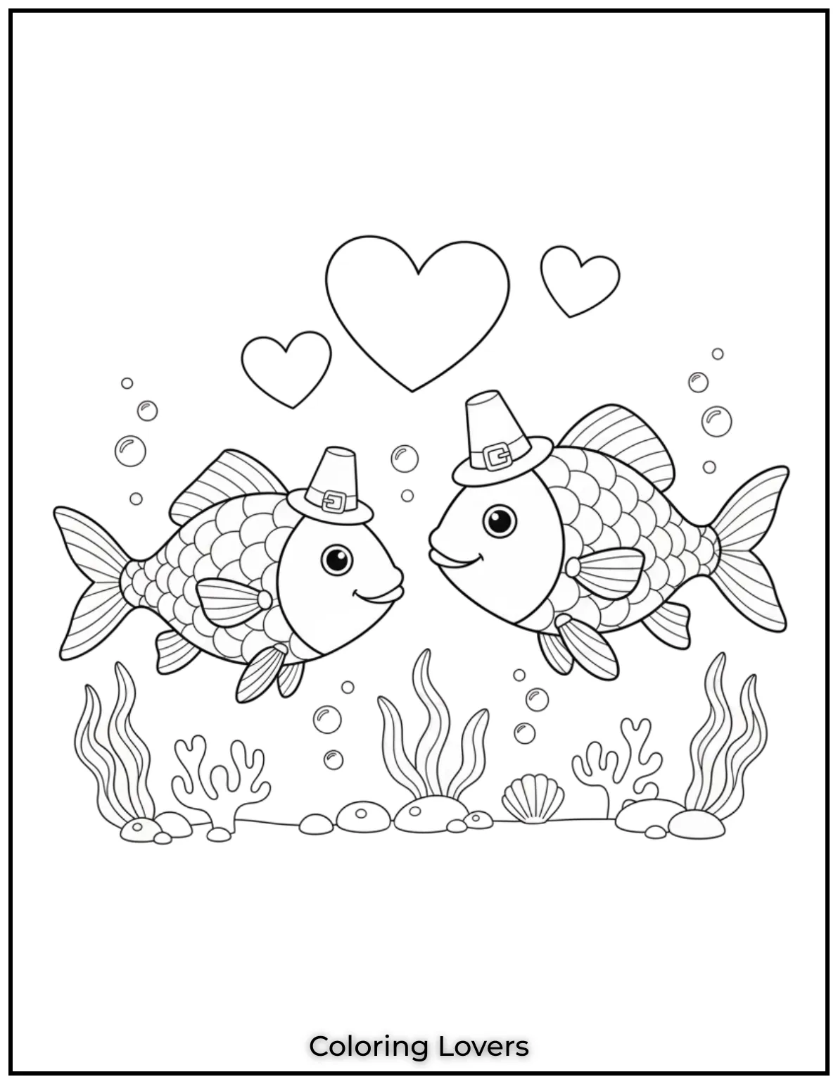 Fish Coloring Pages That Are Free to Downloads 3 Two cute fish swim side by side with hearts above them. A sweet underwater moment full of love