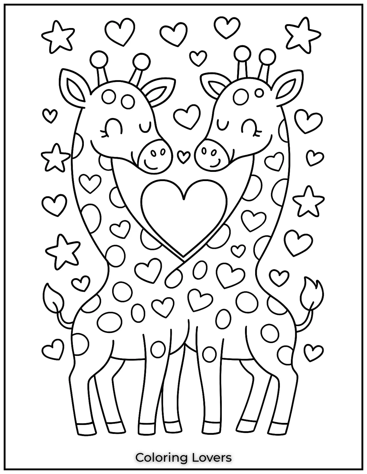 Amazing Giraffe Coloring Pages (Free Printables) 16 Two giraffes stand together forming a heart with their necks surrounded by stars and love. This giraffe coloring page is perfect for celebrating a sweet and loving moment