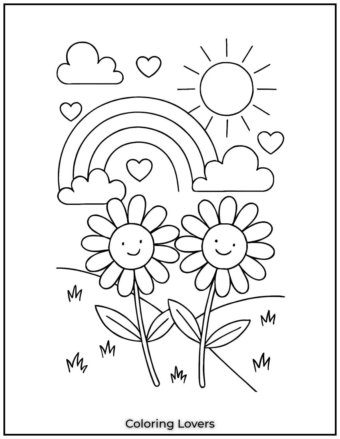 Two smiling daisies bloom under a rainbow and bright sun. A cheerful field scene full of love and color