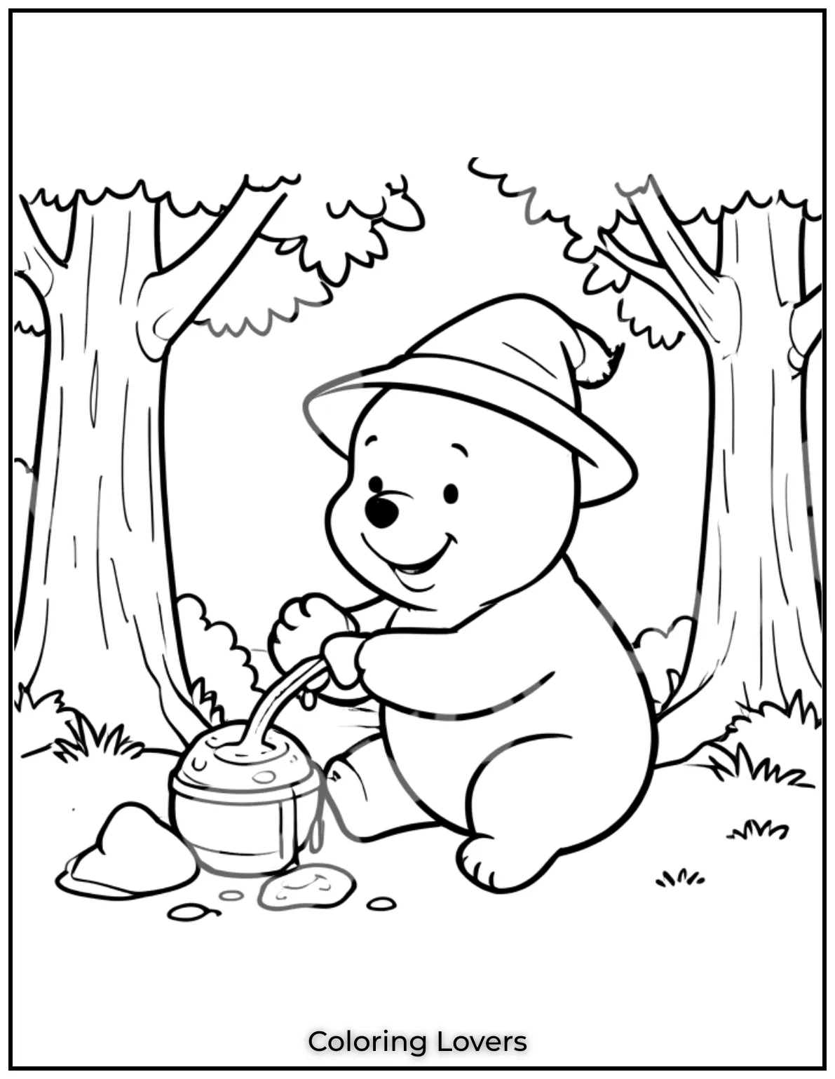 Cute and Classic Pooh Bear Coloring Pages 42 Winnie the Pooh enjoys his favorite treat a big jar of honey while sitting happily in the Hundred Acre Wood