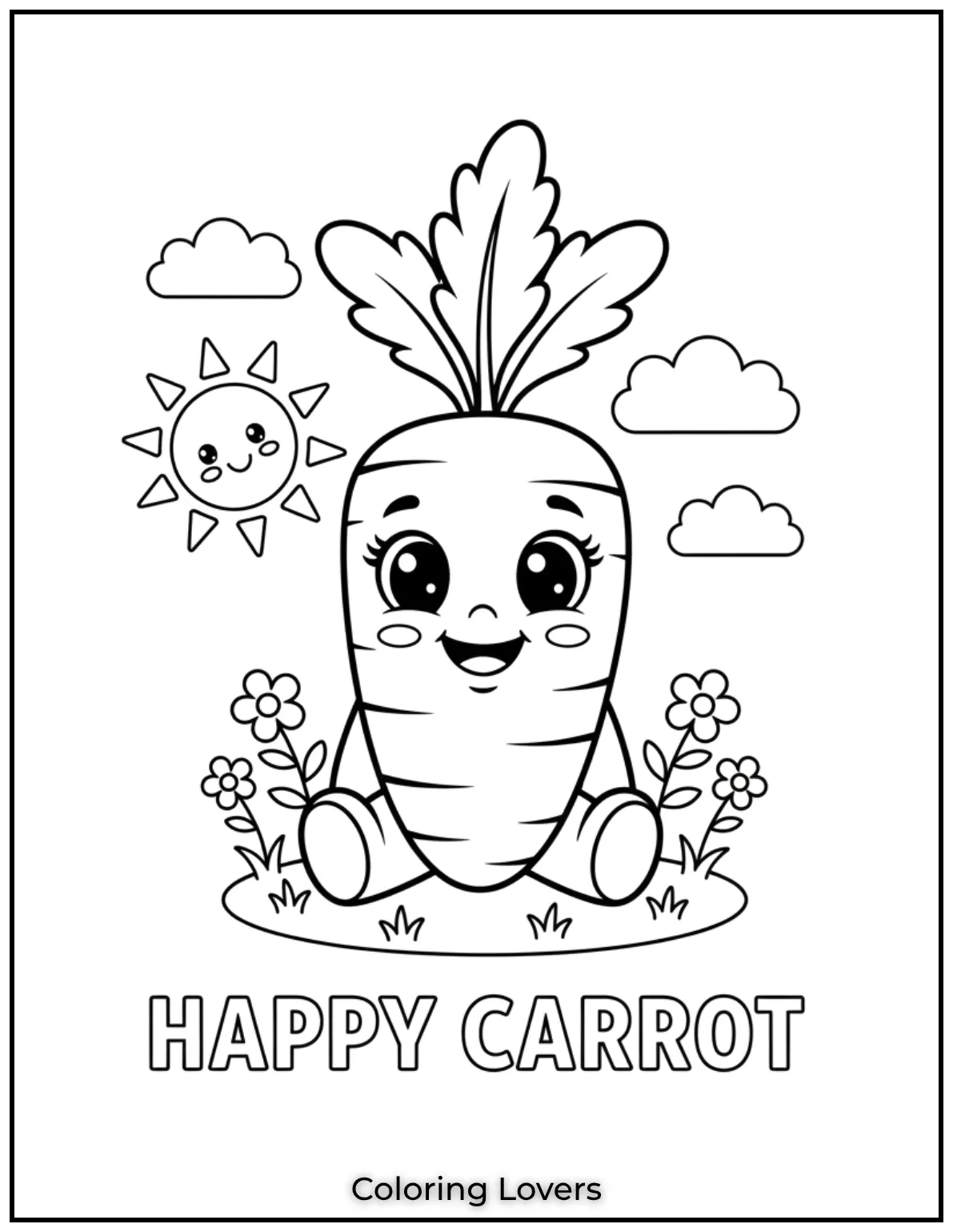 With bright green leaves and a happy face this carrot is a fun addition to any preschool coloring set