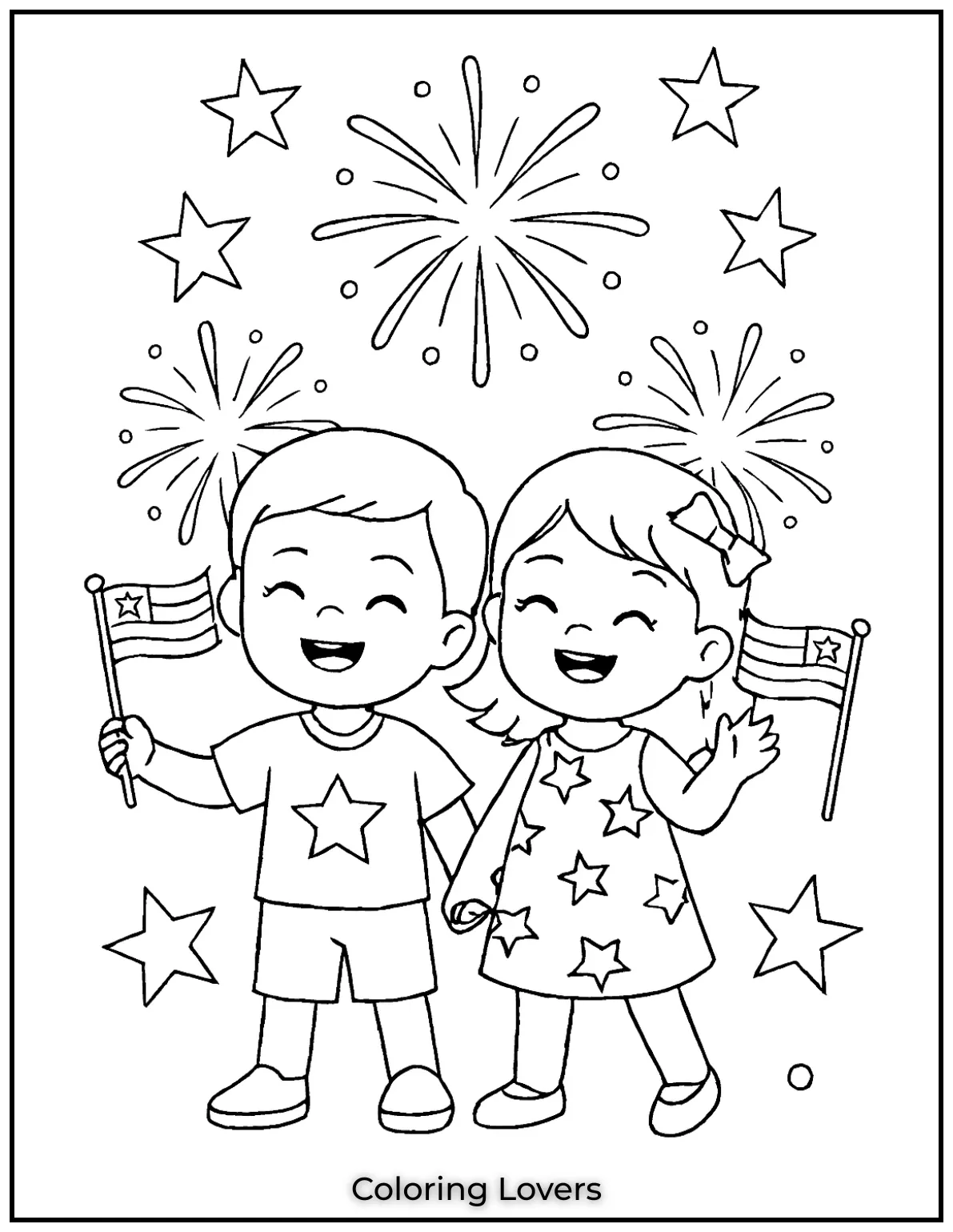 With fireworks behind them two kids smile and wave flags in starry outfits. A bright and fun filled scene to color