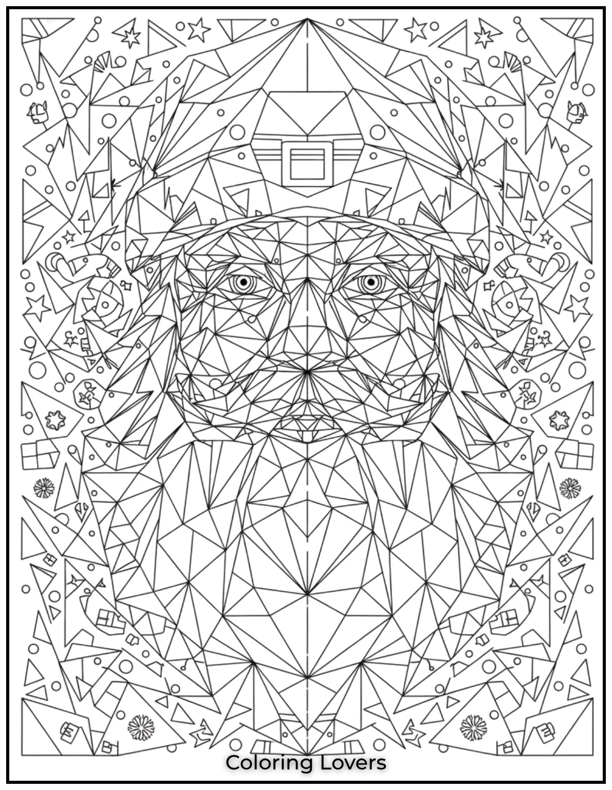 With sharp geometric details this Santa coloring page provides an engaging challenge for adults who enjoy abstract designs