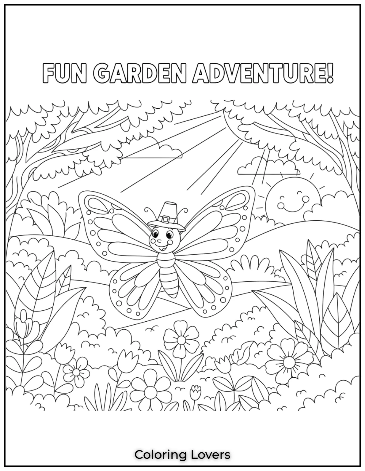 A beautiful butterfly enjoying a sunny garden filled with trees and leaves. Bring this scene to life with colors 3