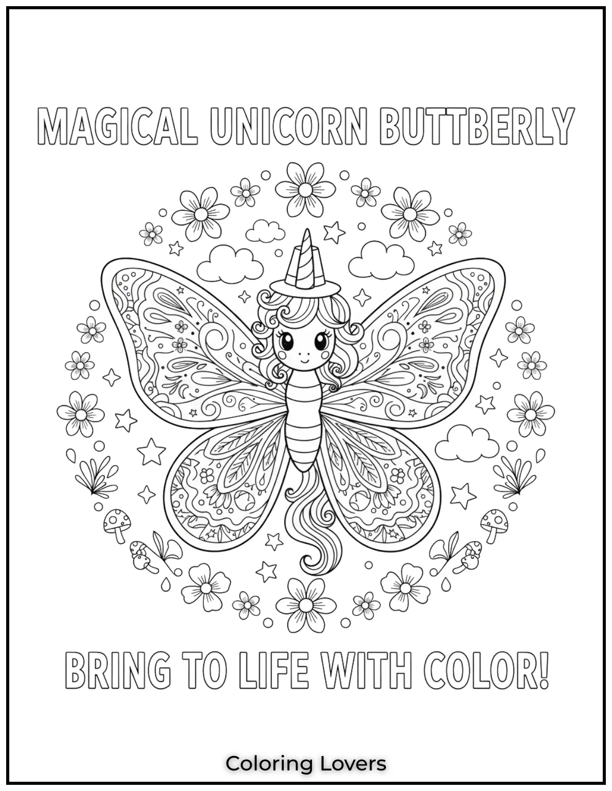 A magical unicorn butterfly combining fantasy and wonder. Ready for vibrant colors to bring it to life 4