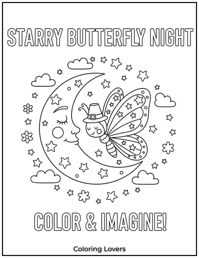 A starry butterfly glides under a crescent moon.