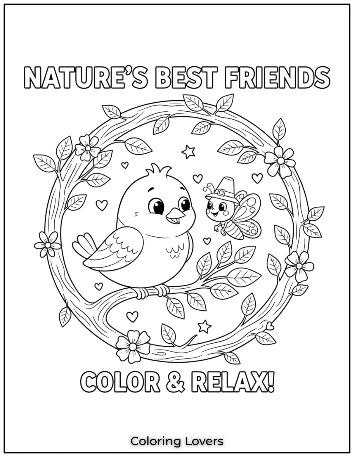 A sweet moment between a bird and a butterfly perched on tree branches. Perfect for a relaxing coloring session 4