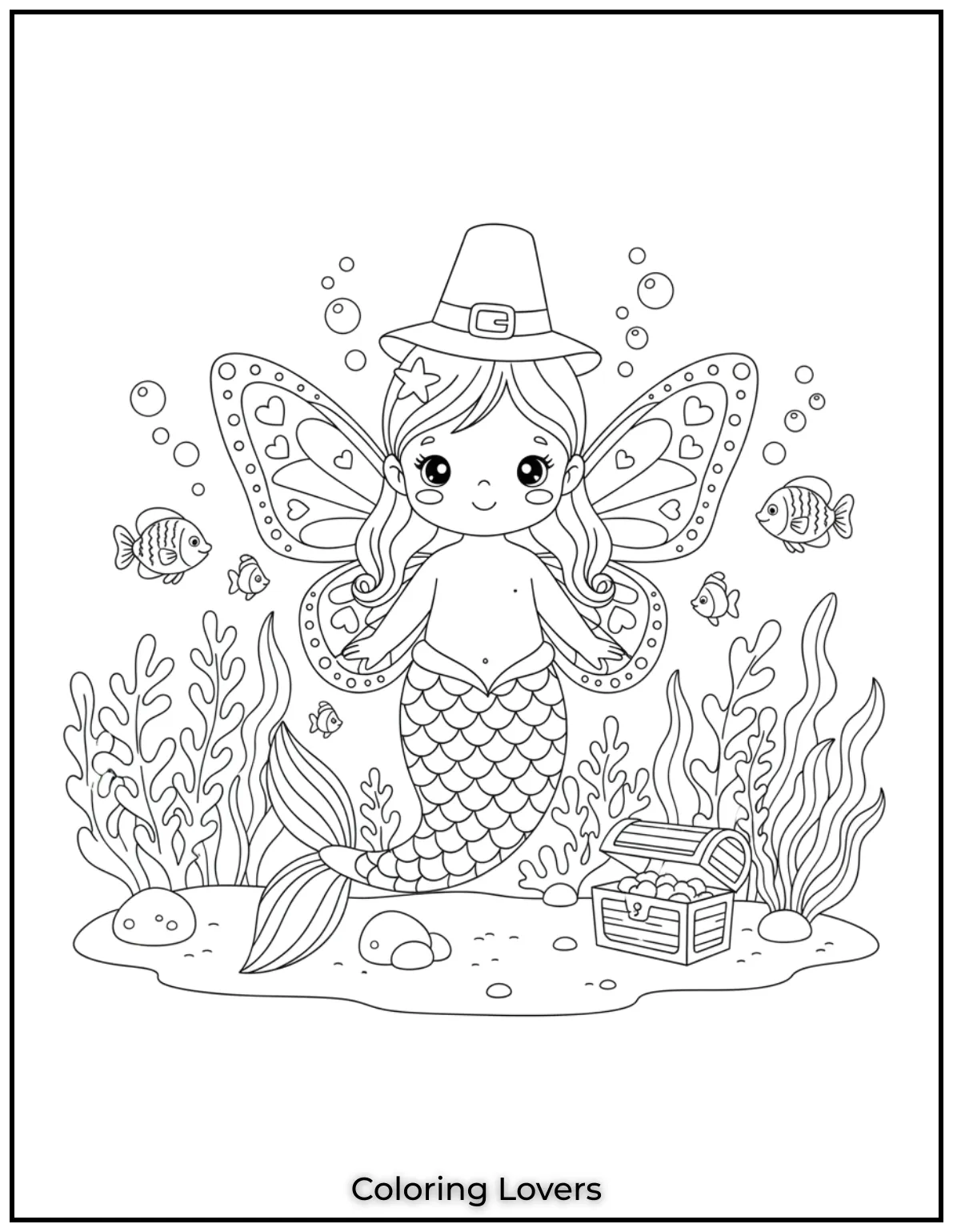 This adorable mermaid with butterfly wings combines ocean magic with fantasy. A delightful page to color 3