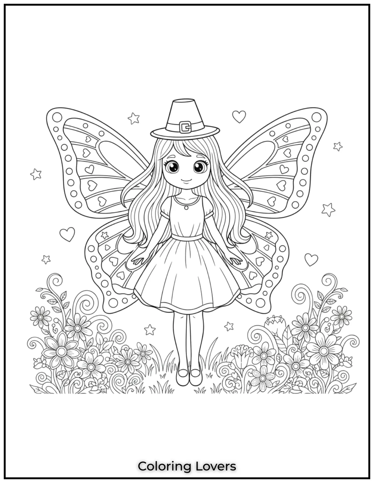 This beautiful anime girl with butterfly wings has a gentle charm. Add your own colors to bring her to life 3