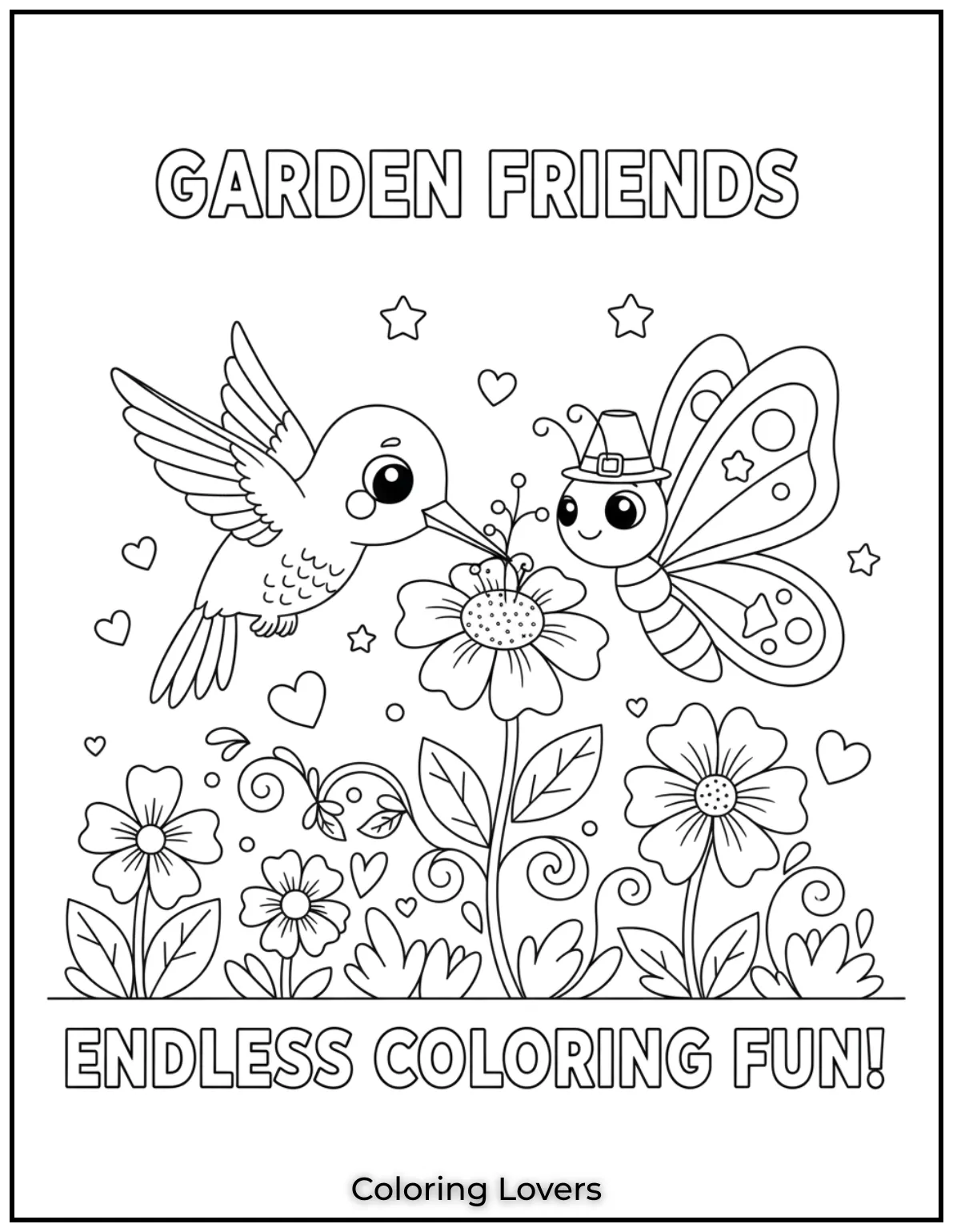This scene with a hummingbird and butterfly is one of our printable butterfly coloring pages for endless fun 4