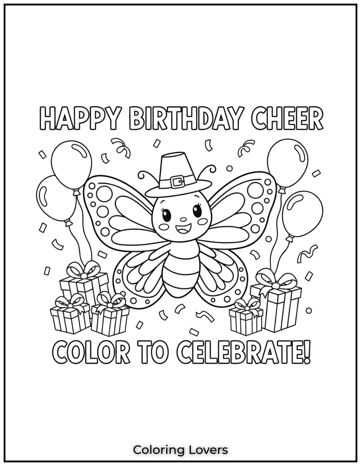 This smiling butterfly with balloons and gifts spreads birthday cheer. Add colors to make someones day brighter 3