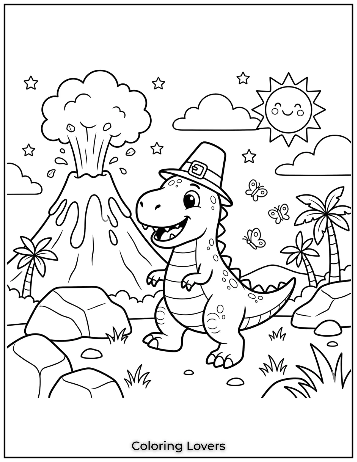 A bold T-Rex explores near an erupting volcano