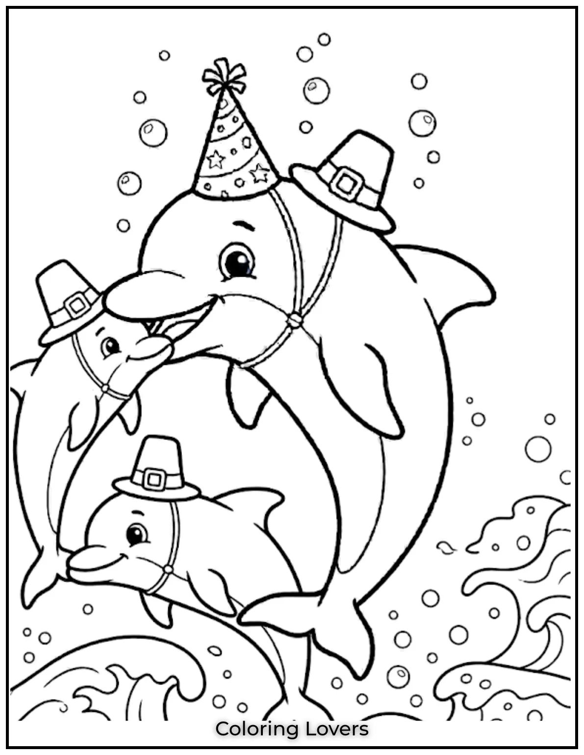 A dolphin and its baby leap together in harmony, leaving ripples in the water. This printable dolphin coloring page 