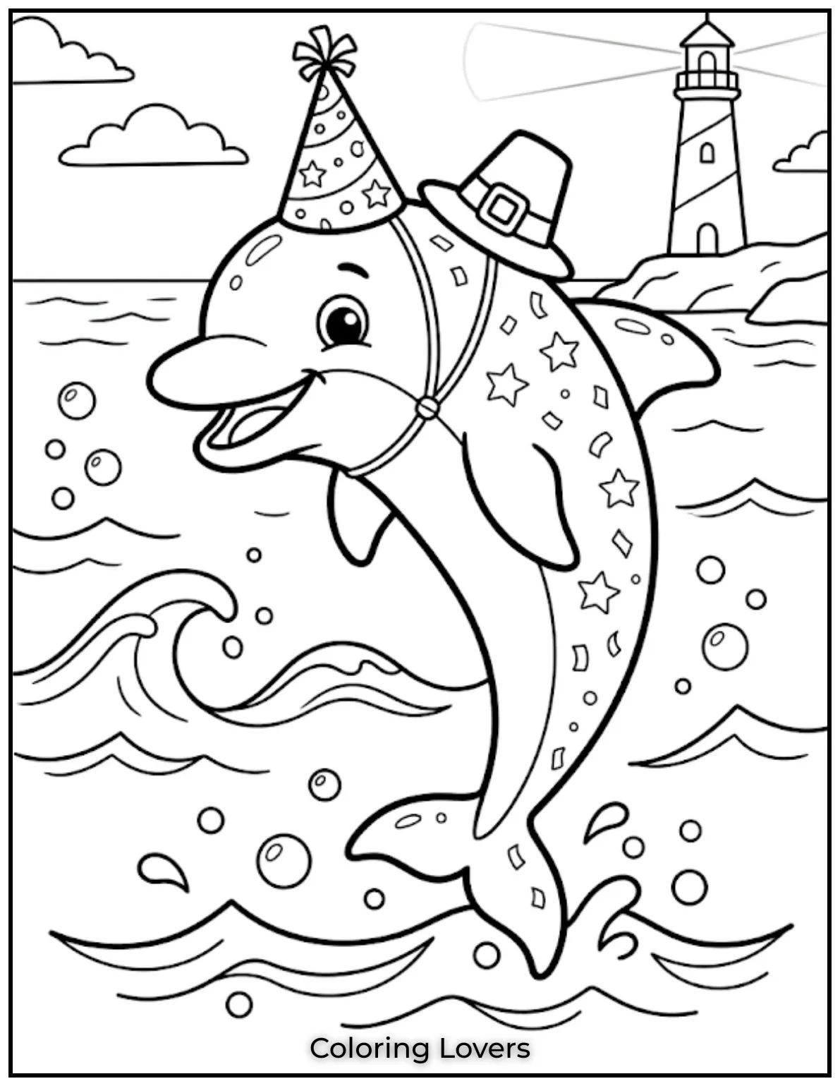 A dolphin plays joyfully in the ocean, with a distant lighthouse guiding the way.