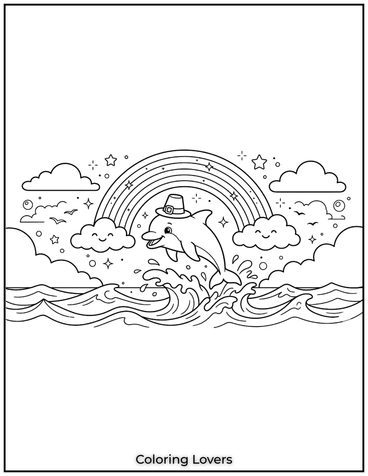 A happy baby dolphin leaps from the waves beneath a rainbow. 